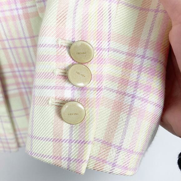 Escada Pink Yellow Pastel Silk Blend Plaid Blazer Sz 40 - Picture 2 of 7